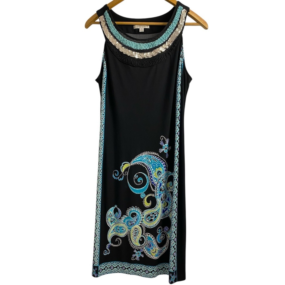 Sandra Darren Black Dress with Blue Paisley Accents